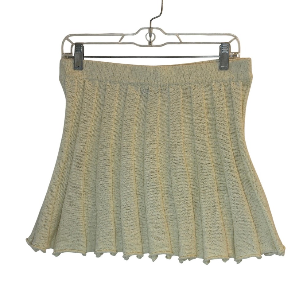 Free People Beach Knit Mini Skirt Large Cream Pleated Ribbed Textured Stretch